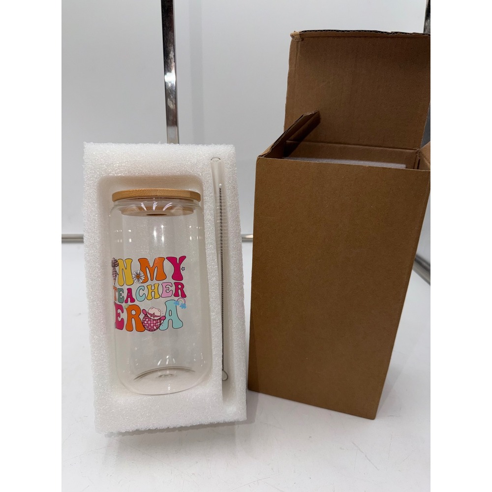 In My Teacher Era Glass Can Tumbler 16oz with Bamboo Lid and Glass Straw Set